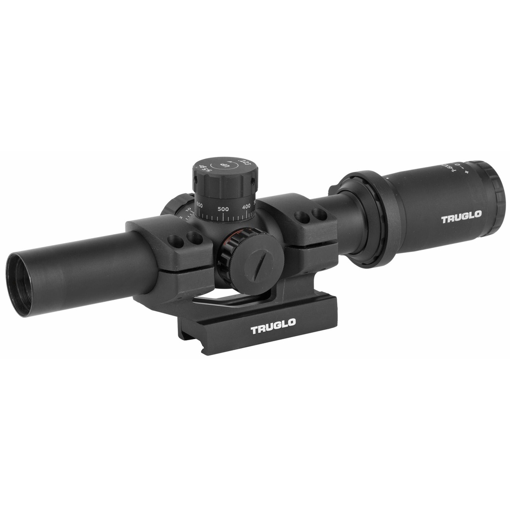 TRUGLO TRU-BRITE 30 Rifle Scope 1-6X24mm 30mm Power Ring Duplex Mil-Dot Illuminated Reticle 1/2MOA Includes 1 Piece Base 2 Pre-Calibrated BDC Turrets in .223 (55 Grain) and .308 (168 Grain) and Throw Lever 