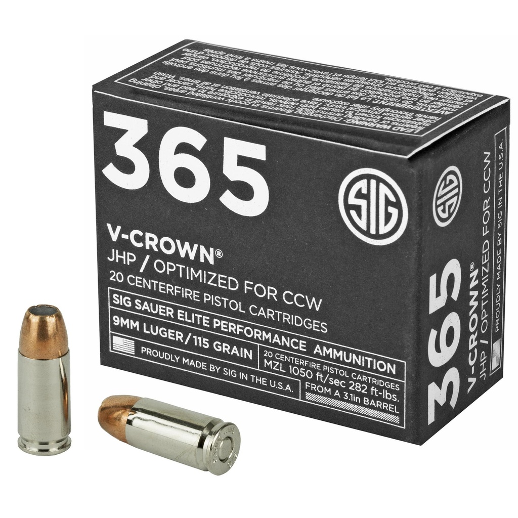Sig Sauer Elite Performance V-Crown Ammunition 9MM 115 Grain Jacketed Hollow Point Designed for Short Barrel Pistols Low Recoil 20 Round Box 