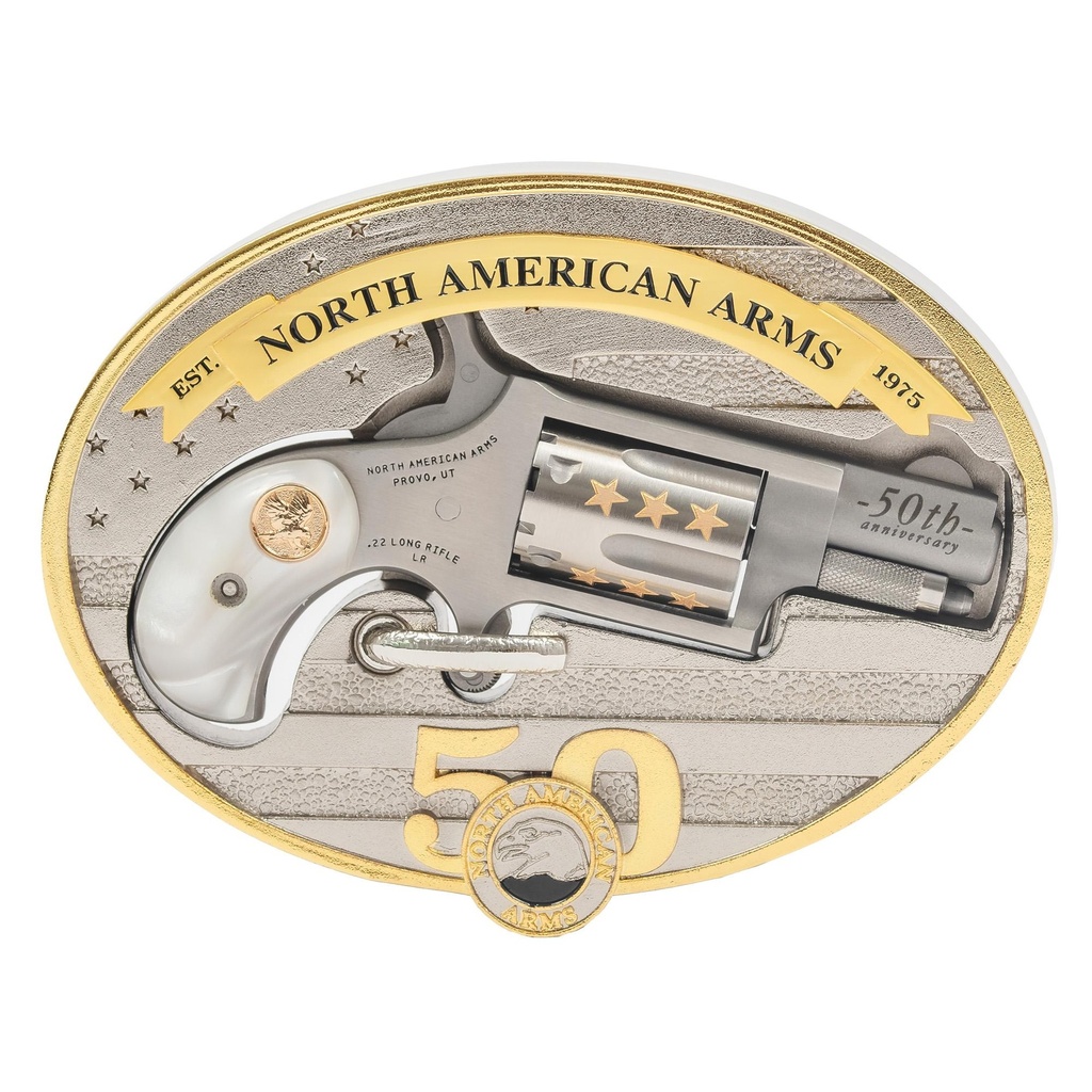 North American Arms Mini Revolver 50th Anniversary SA 22LR 1.125" Barrel Silver and Gold 5Rds Includes Oval Ornate Belt Buckle 