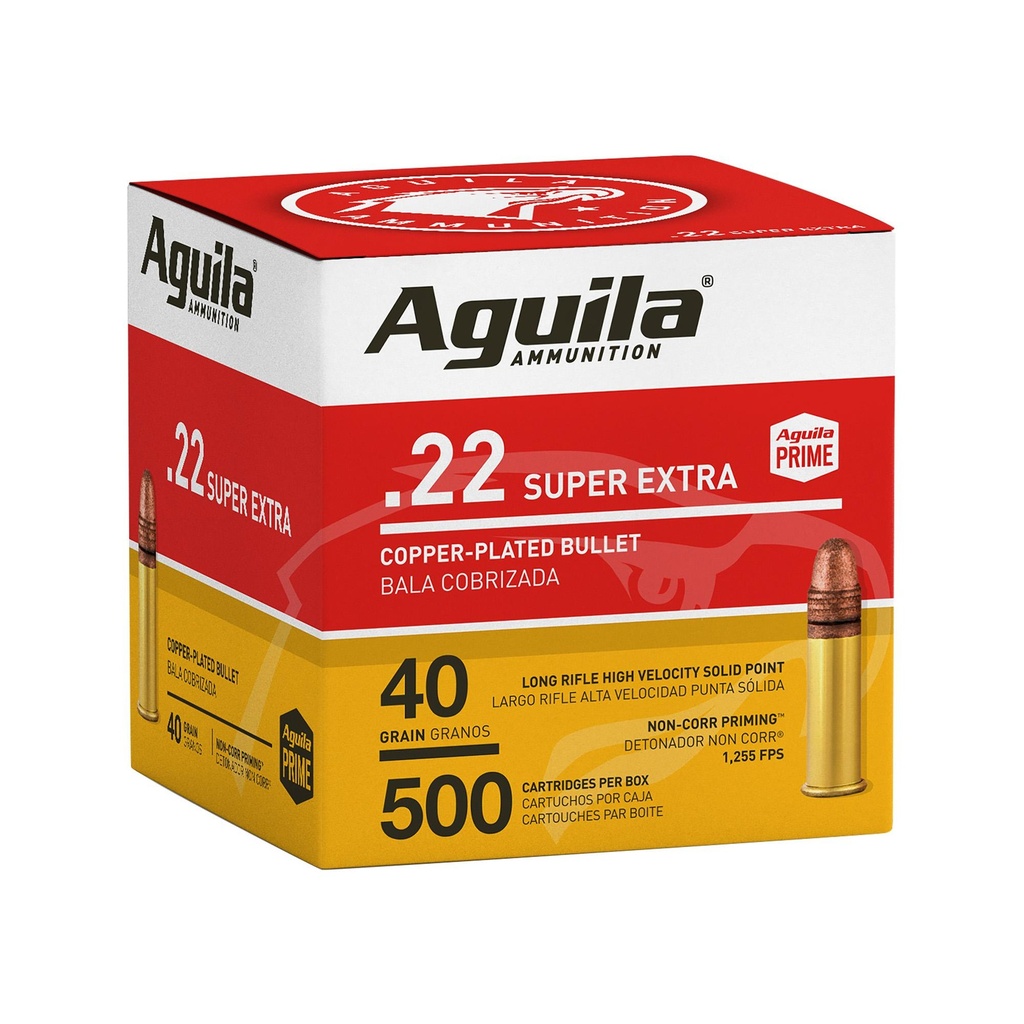 Aguila Ammunition Rimfire 22 LR 40 Grain Copper Plated Solid Point Hi-Velocity 500 rounds per box 2000 rounds per case 
