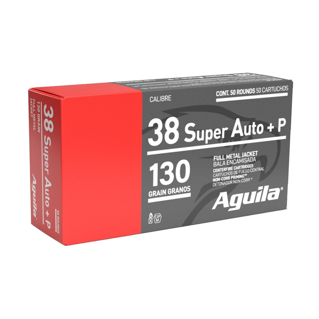 Aguila Ammunition Pistol 38 Super AUTO + P 130Gr Full Metal Jacket 50 Round Box 