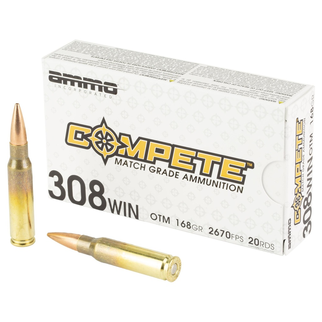 Ammo Inc Compete 308 Winchester 168 Grain Open Tip Match Bullet 20 Round Box 