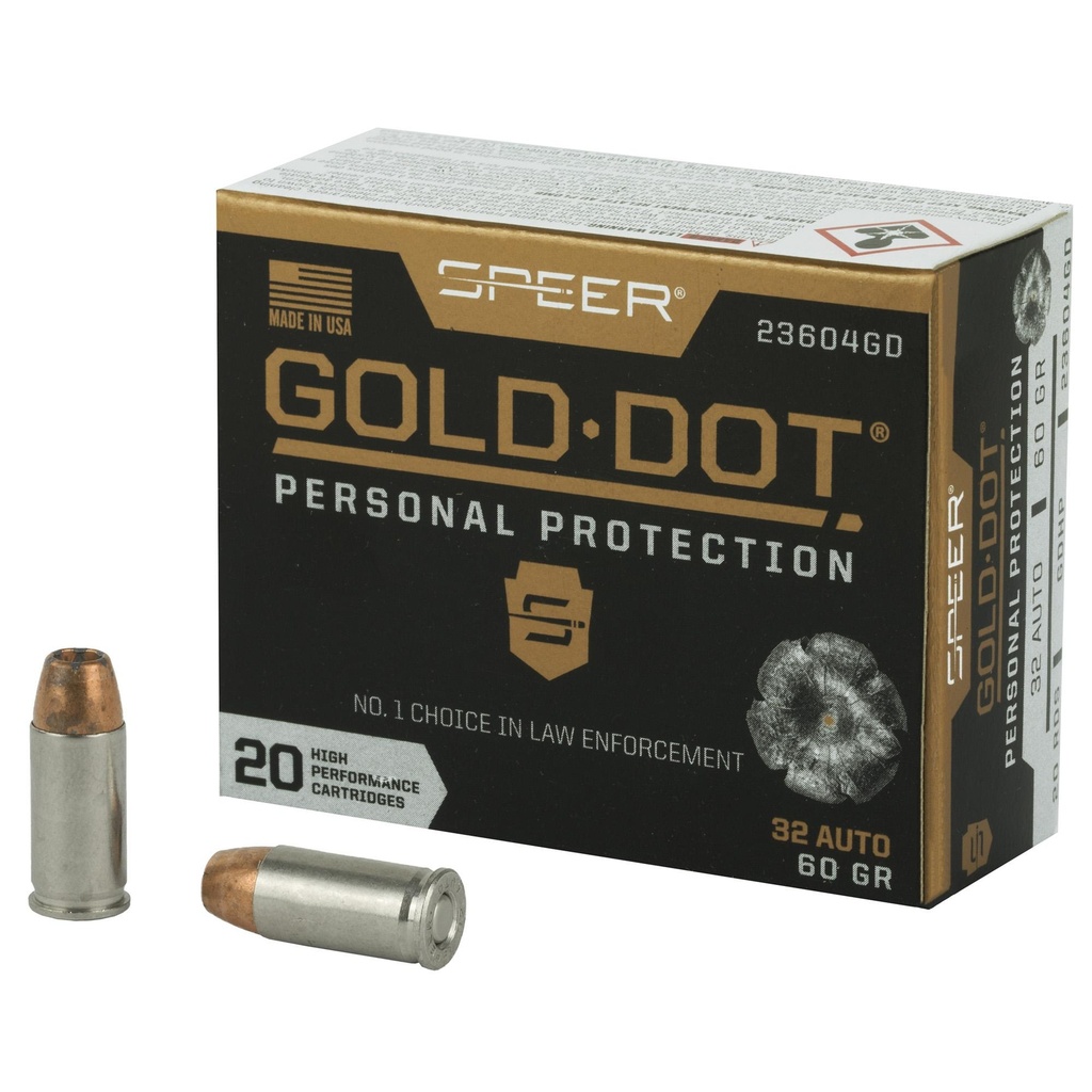 Speer Ammunition Speer Gold Dot Personal Protection 32ACP 60 Grain Hollow Point 20 Round Box 