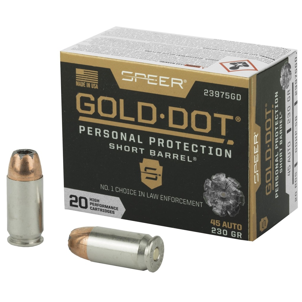 Speer Ammunition Speer Gold Dot Personal Protection 45ACP 230 Grain Hollow Point Short Barrel 20 Round Box 