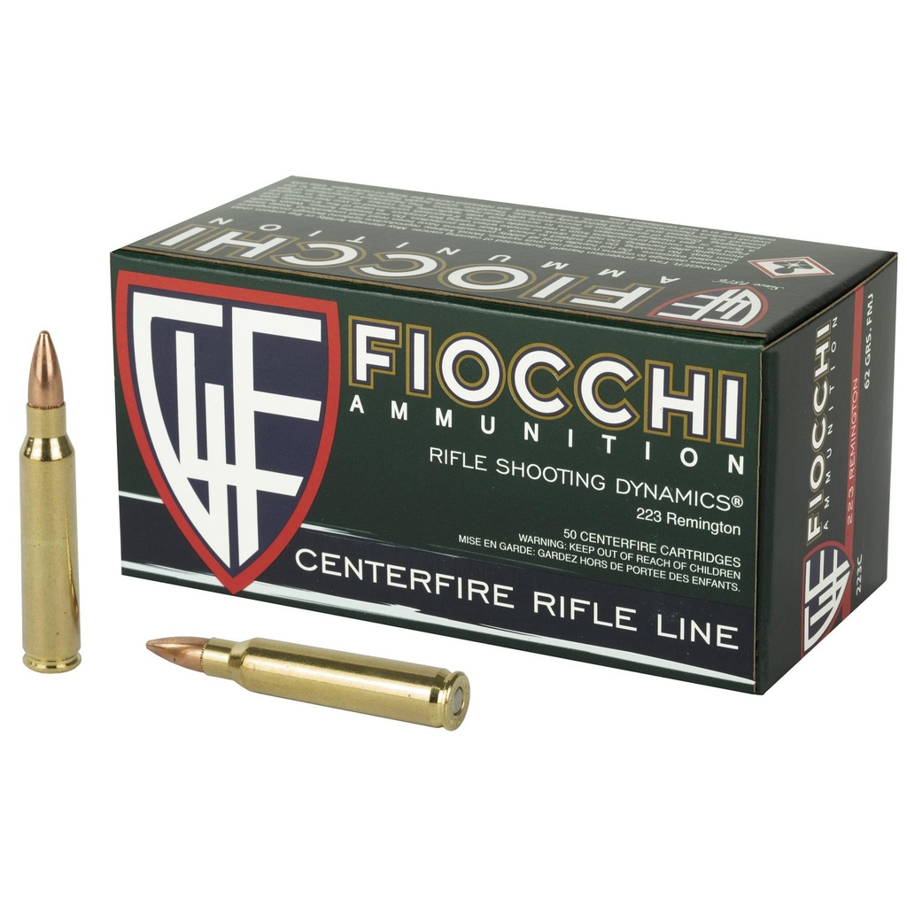 Fiocchi Ammunition Rifle 223 Remington 62 Grain Full Metal Jacket Boat Tail 50 Round Box 