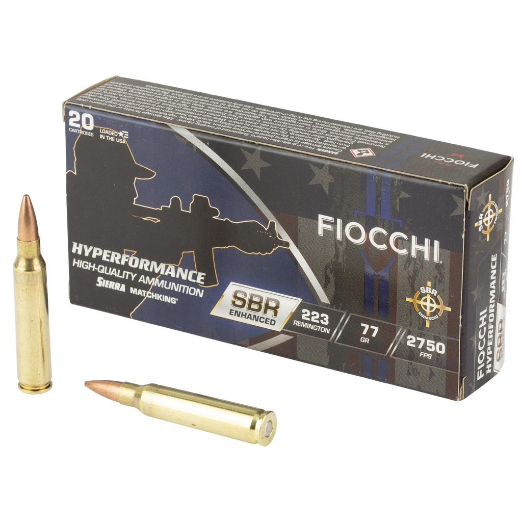 Fiocchi Ammunition Hyperformance SBR Enhanced 223 Remington 77 Grain Boat Tail Hollow Point 20 Round Box 