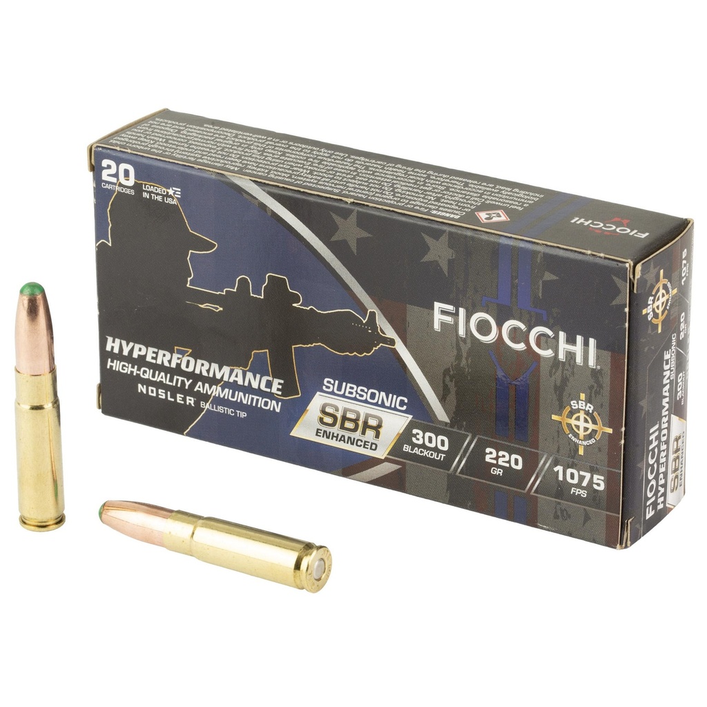 Fiocchi Ammunition Hyperformance SBR Enhanced 300 Blackout 220 Grain Boat Tail 20 Round Box 
