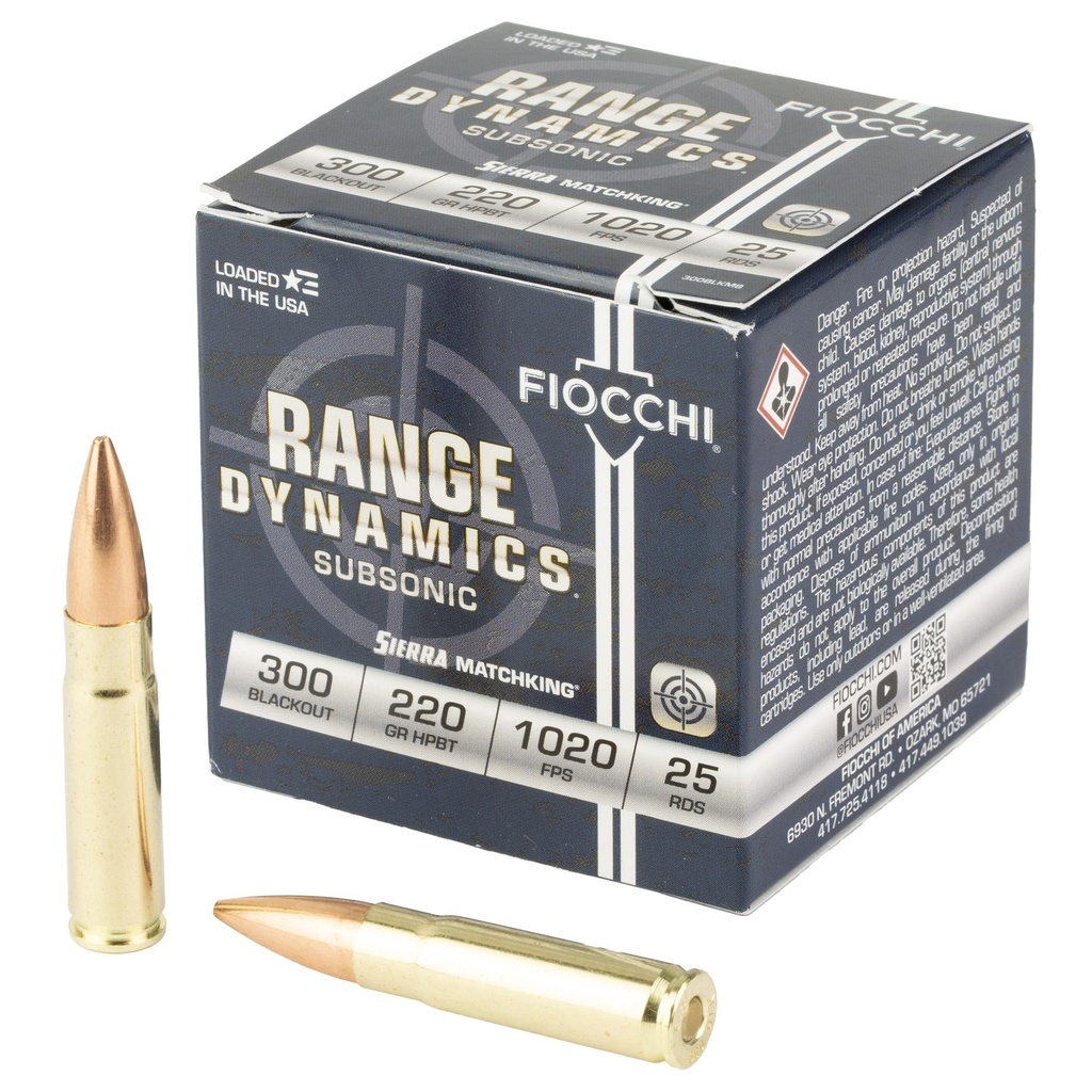 Fiocchi Ammunition Range Dynamics Subsonic 300 Blackout 220 Grain Boat Tail Hollow Point Matchking 25 Round Box 