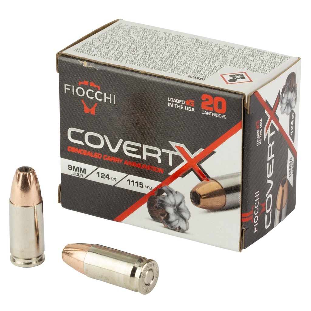 Fiocchi Ammunition COVERT X 9MM 124 Grain Jacketed Hollow Point 20 Round Box 