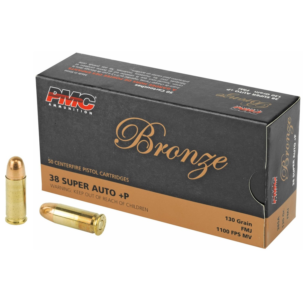 PMC Ammunition Bronze 38 Super +P 130 Grain Full Metal Jacket 50 Round Box 