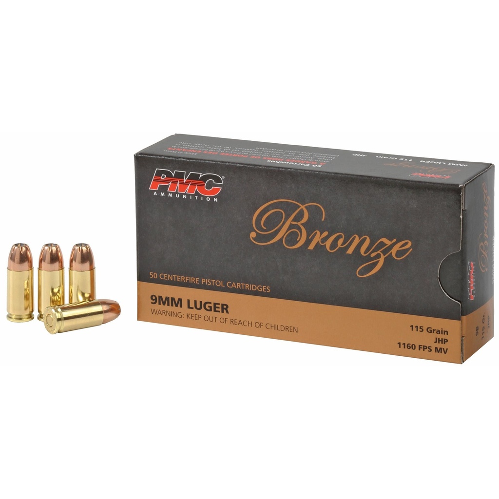 PMC Ammunition Bronze 9MM 115 Grain Jacketed Hollow Point 50 Round Box 