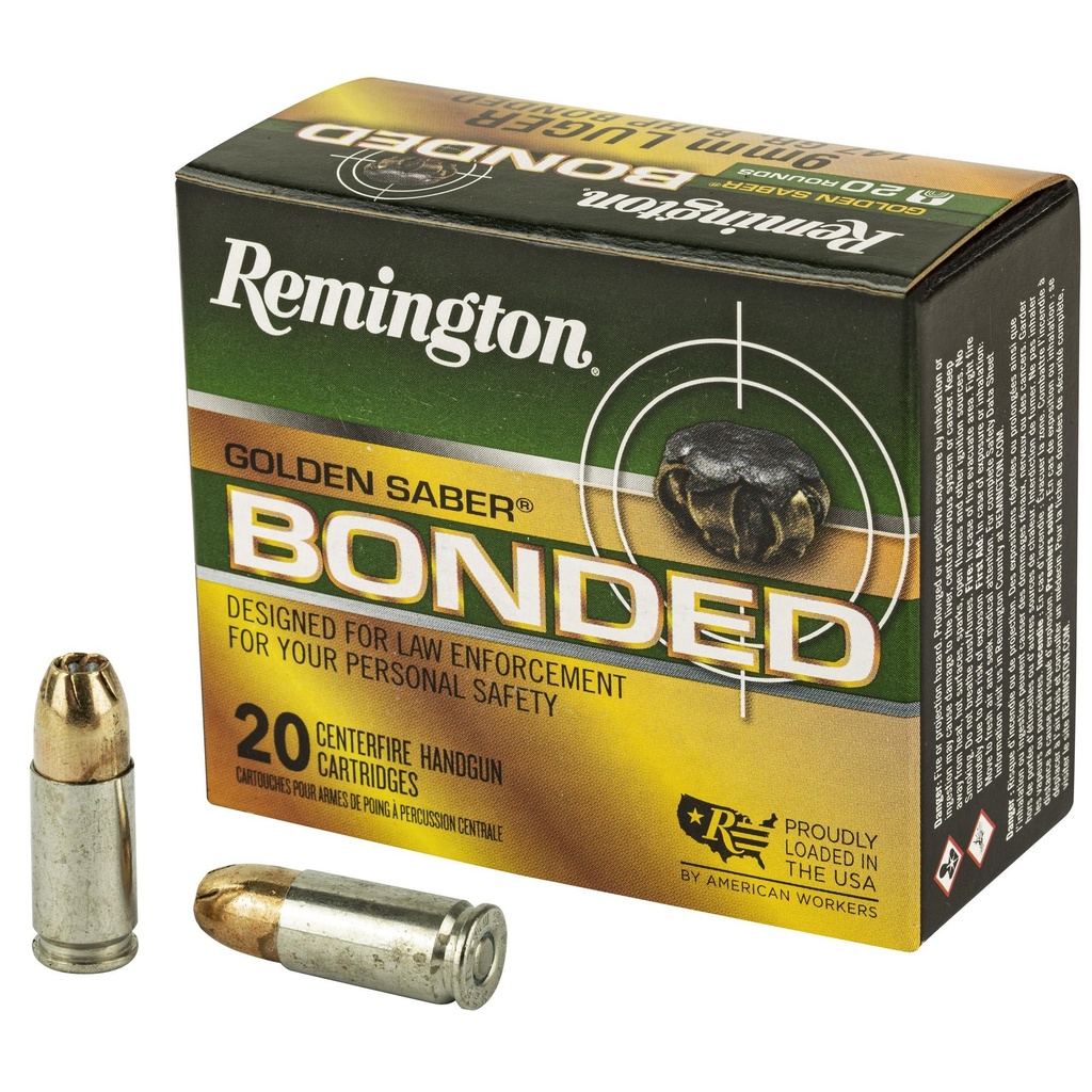 Remington Golden Saber 9MM 147 Grain Brass Jacketed Hollow Point Bonded 20 Round Box 