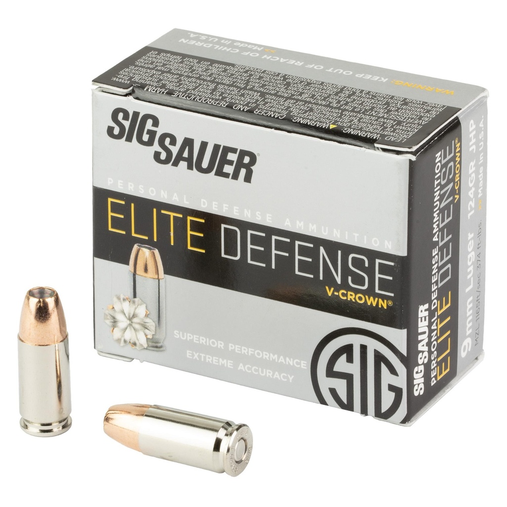 Sig Sauer Elite Performance V-Crown Ammunition 9MM 124 Grain Jacketed Hollow Point 20 Round Box 