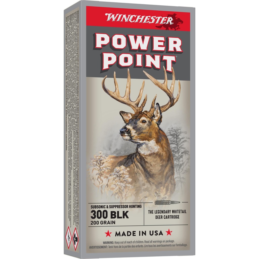 Winchester Ammunition POWER-POINT SUBSONIC 300 Blackout 200 Grain Ballistic Tip 20 Round Box 