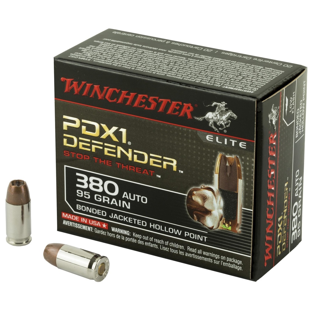 Winchester Ammunition Defender Supreme Elite 380ACP 95 Grain Bonded Jacketed Hollow Point PDX1 20 Round Box 
