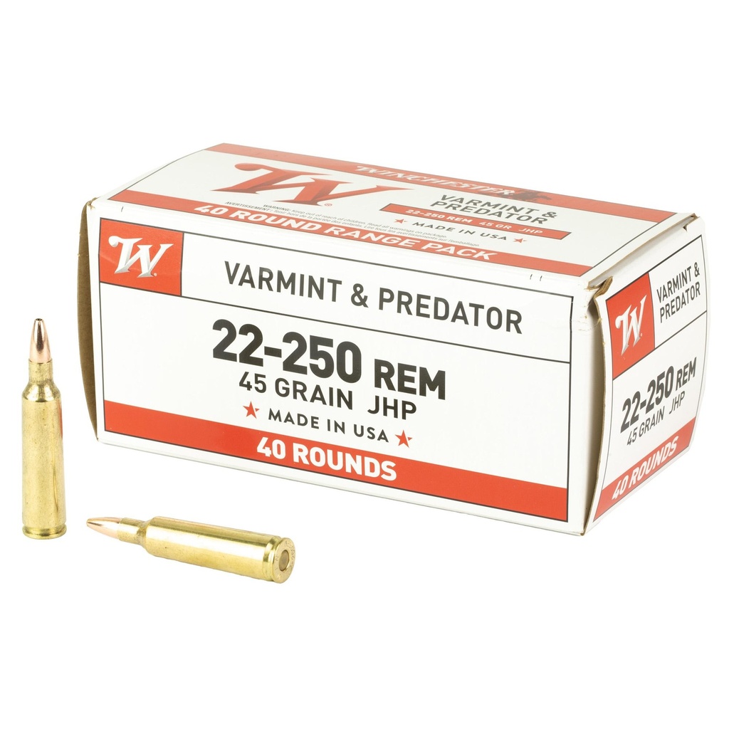 Winchester Ammunition USA WHITE BOX 22-250 Remington 45 Grain Jacketed Hollow Point 40 Round Box 