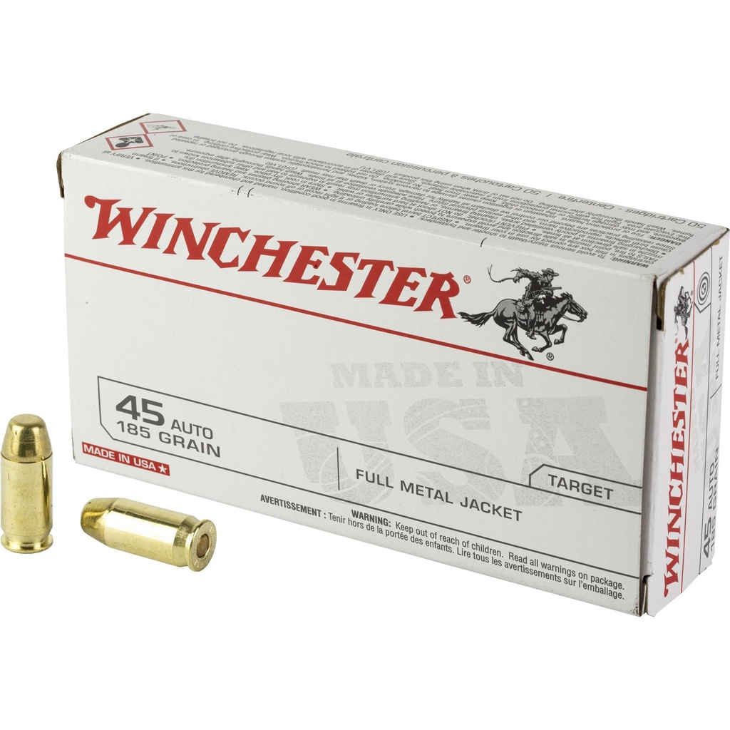 Winchester Ammunition USA WHITE BOX 45 ACP 185 Grain Full Metal Jacket 50 Round Box 