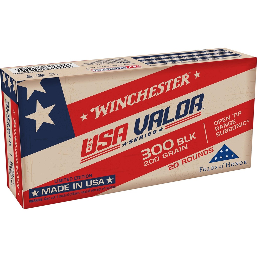Winchester Ammunition USA VALOR 300 Blackout 200 Grain Full Metal Jacket Open Tip Bullet 20 Round Box 