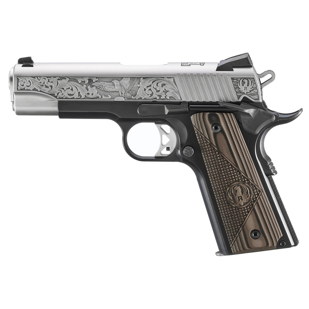 Ruger SR1911 .45 ACP 4.25" Black Frame Engraved Silver Slide G10 Grips 7 Round