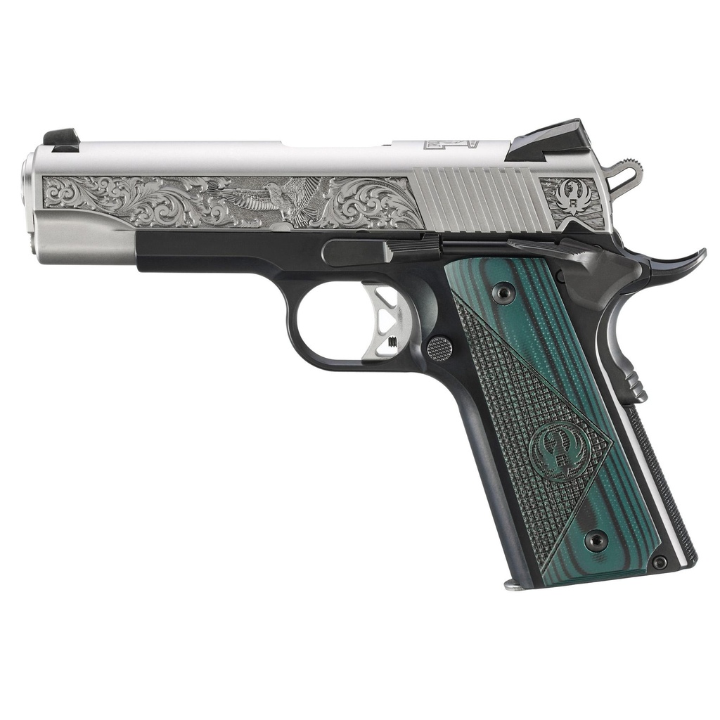 Ruger SR1911 .45 ACP 4.25" Black Frame Engraved Stainless Slide Green/Black G10 Grips 7 Round