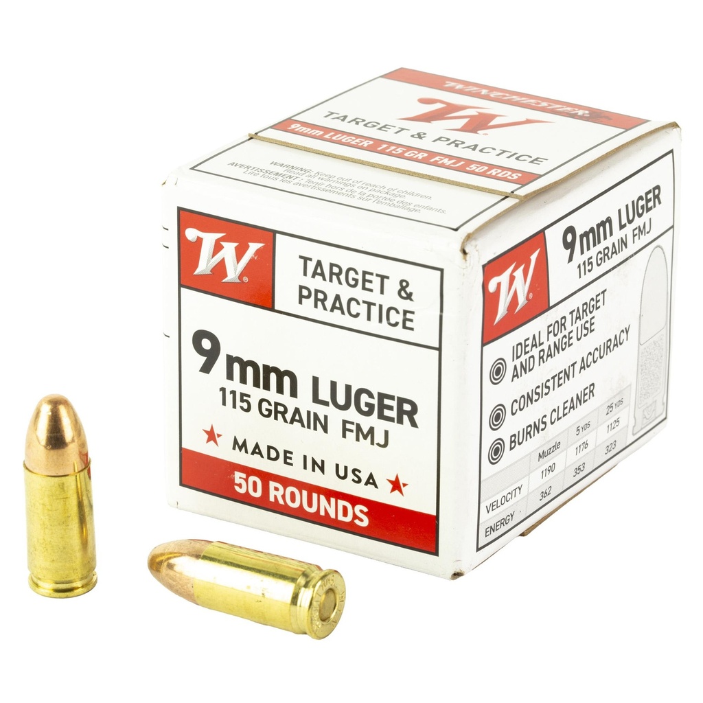 Winchester Ammunition USA White Box 9MM 115 Grain Full Metal Jacket 50 Rounds