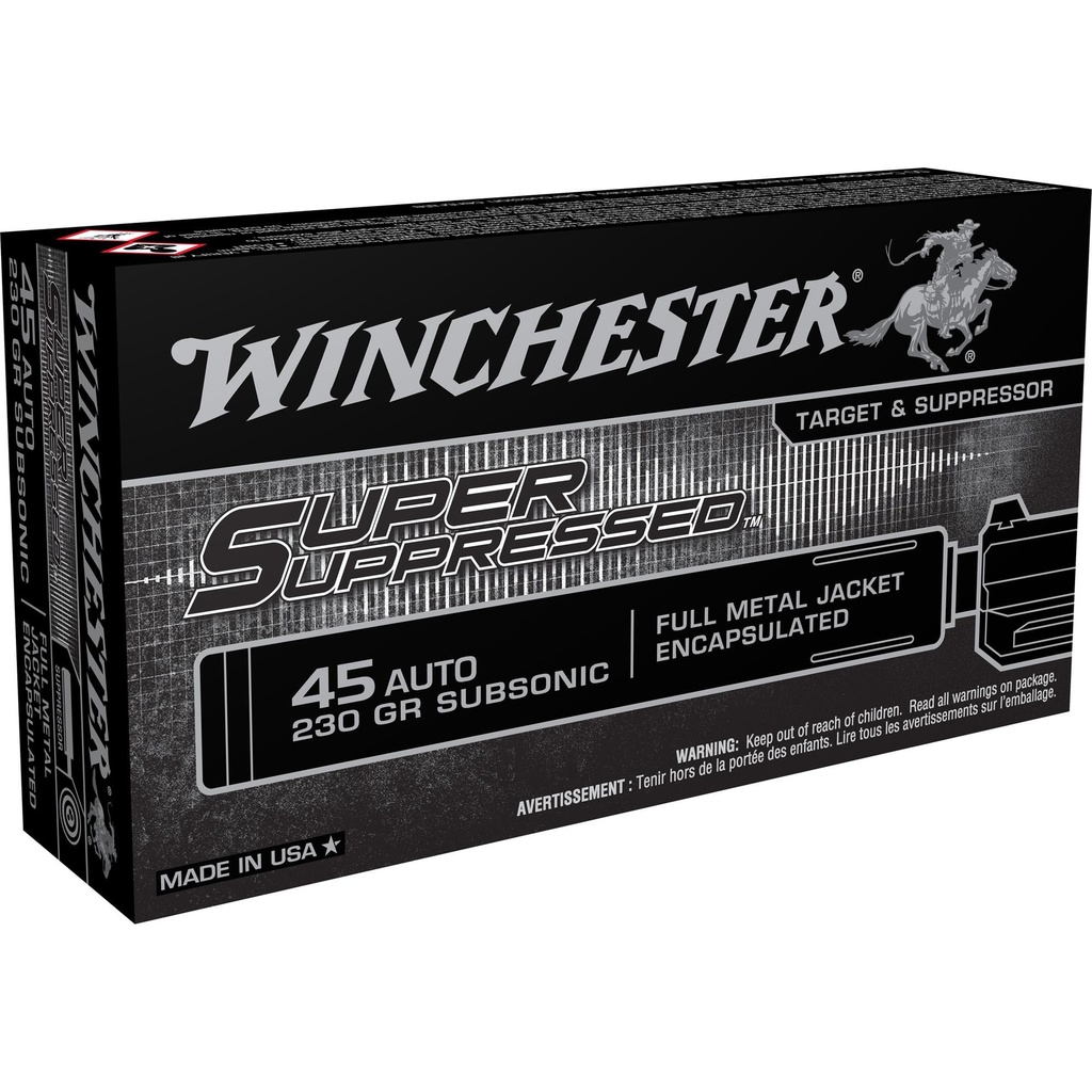 Winchester Ammunition Super Suppressed 45 ACP 230 Grain Subsonic Full Metal Jacket 50 Round Box