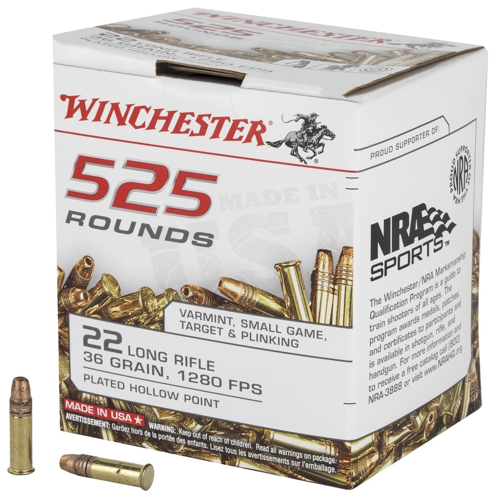 Winchester Ammunition USA 22LR 36 Grain Copper Plated Hollow Point 525 Round