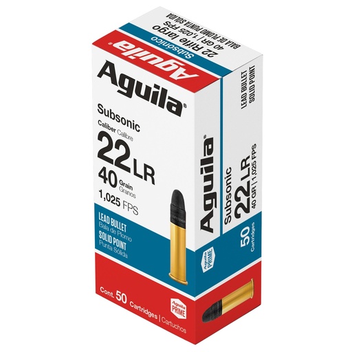 [1B220269] Aguila Ammunition Rimfire Subsonic 22LR 40 Grain Solid Point 50 Round Box 