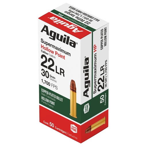 [1B220298] Aguila Ammunition Supermaximum Hyper Velocity 22LR 30 Grain Copper-Plated Solid Point 