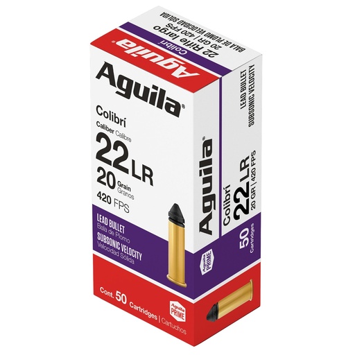 [1B220337] Aguila Ammunition Rimfire Colibri 22LR 20 Grain Powderless Lead Bullet 50 Round Box 