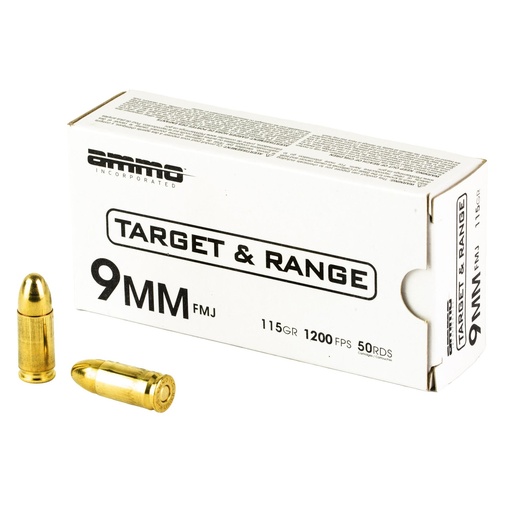 [9115FMJ-TR50] Ammo Inc Target & Range 9mm 115 Grain Full Metal Jacket Bullet 50 Round Box 