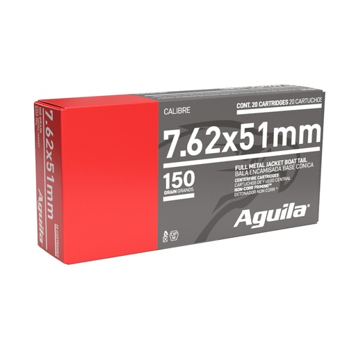 [1E762110] Aguila Ammunition Rifle 762X51 150 Grain Full Metal Jacket Boat Tail 20 Round Box 