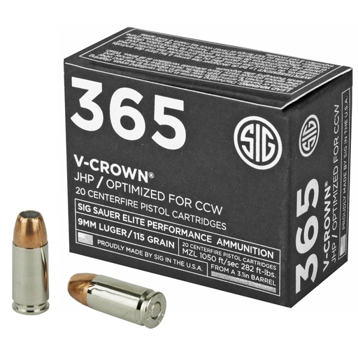 [E9MMA1-365-20] Sig Sauer Elite Performance V-Crown Ammunition 9MM 115 Grain Jacketed Hollow Point Designed for Short Barrel Pistols Low Recoil 20 Round Box 