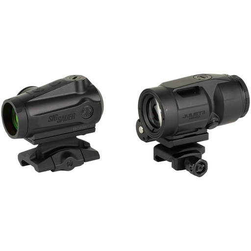 [SORJ5101] Sig Sauer Romeo 5 Gen II/Juliet3-Micro Combo Kit Red Dot Sight w/Juliet3-Micro Magnifier 1X20mm/3X22mm 2 MOA Dot Includes 90 Degree Push-Button Flip-to-Side Magnifier Mount and Low Profile Red Dot Mount Matte Finish Black 