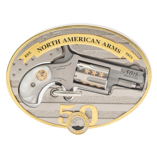 [NAA-22LR-BBO-50] North American Arms Mini Revolver 50th Anniversary SA 22LR 1.125" Barrel Silver and Gold 5Rds Includes Oval Ornate Belt Buckle 