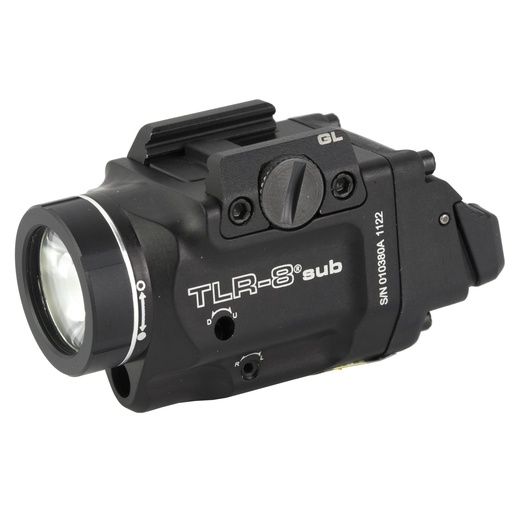 [69411] Streamlight TLR-8 Sub White LED with Red Laser Fits Glock 43x/48 MOS 500 Lumens Black Includes (1) CR123a Battery Low and High Switches 