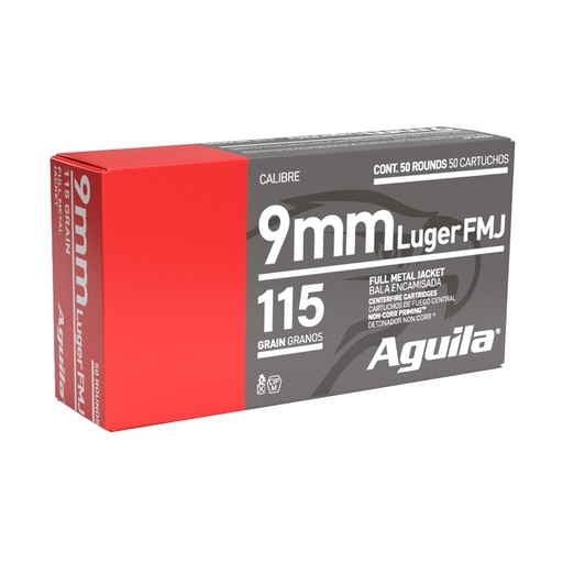 [1E097704] Aguila Ammunition Pistol 9mm 115 Grain Full Metal Jacket 50 Round Box 