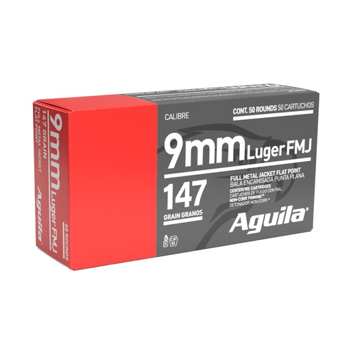 [1E097719] Aguila Ammunition 9mm 147 Grain Full Metal Jacket Flat Point 50 Round Box 