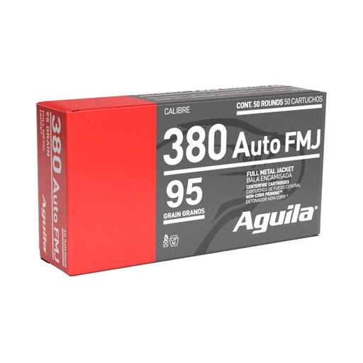 [1E802110] Aguila Ammunition Pistol 380ACP 95 Grain Full Metal Jacket 50 Round Box 