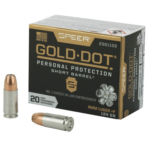 [23611GD] Speer Ammunition Speer Gold Dot Personal Protection 9mm 124 Grain Hollow Point +P Short Barrel 20 Round Box 