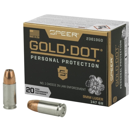 [23619GD] Speer Ammunition Speer Gold Dot Personal Protection 9mm 147 Grain Hollow Point 20 Round Box 