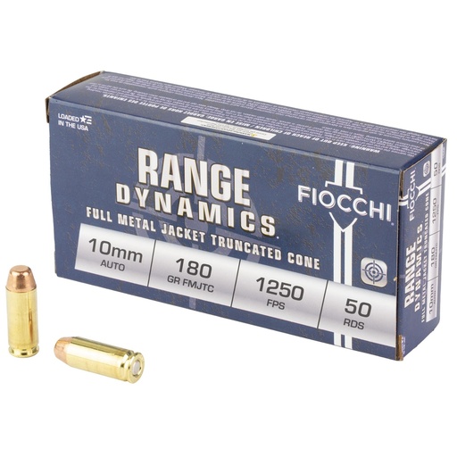 [10AP] Fiocchi Ammunition Range Dynamics 10mm 180 Grain Full Metal Jacket Truncated Cone 50 Round Box 