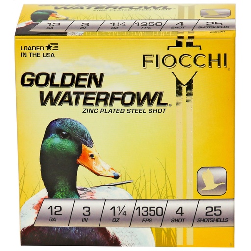 [123SGW4] Fiocchi Ammunition Golden Waterfowl 12 Gauge 3 #4 Steel Shot 25 Round Box 