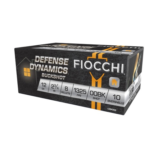 [12BK008] Fiocchi Ammunition Defense Dynamics 12 Gauge 2.75 00 Buck 8 Pellet 10 Round Box 