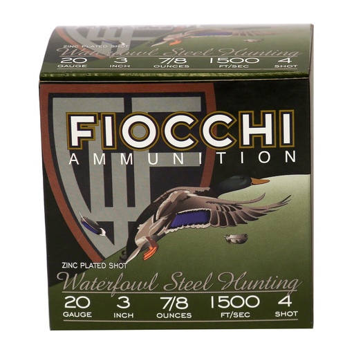 [203ST4] Fiocchi Ammunition Flyway Steel Waterfowl 20 Gauge 3 #4 Steel Shot 25 Round Box