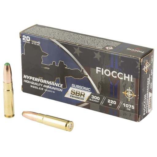 [300BKSBS] Fiocchi Ammunition Hyperformance SBR Enhanced 300 Blackout 220 Grain Boat Tail 20 Round Box 