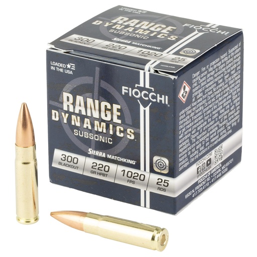 [300BLKMB] Fiocchi Ammunition Range Dynamics Subsonic 300 Blackout 220 Grain Boat Tail Hollow Point Matchking 25 Round Box 