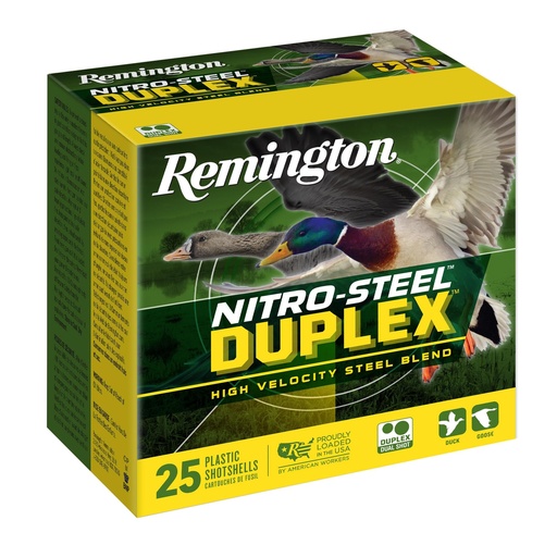 [R20321] Remington Nitro Steel Duplex Field & Timber 12 Gauge 3 #2 and #4 Shot Zinc-Plated Steel 25 Round Box 