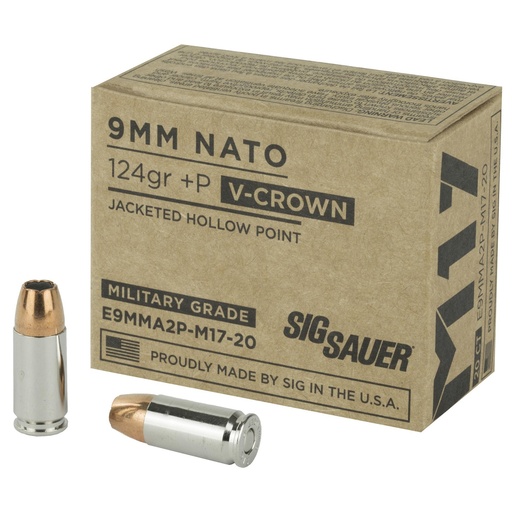 [E9MMA2P-M17-20] Sig Sauer V-Crown 9MM 124 Grain Jacketed Hollow Point Defense 20 Round Box 