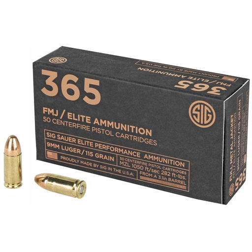 [E9MMB1-365-50] Sig Sauer Elite Performance Ball Ammunition 9MM 115 Grain Full Metal Jacket Designed For Short Barrel Pistols Reduced Felt Recoil 50 Round Box 